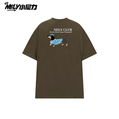 NELY Little Nelly Dachshund Printed White Short-sleeved T-shirt for Men and Women 2025 New Summer Loose Couple Tops