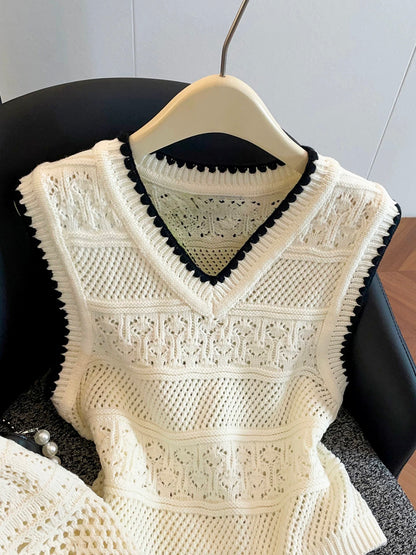 Shenzhen Nanyou High-End Women's Clothing 2026 Spring/Summer French V-neck Hollow-out Knit Vest Top + Skirt Set
