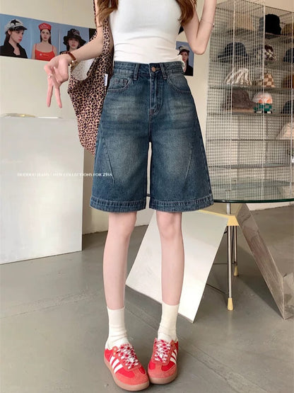 PPHOME retro hot girl shorts denim shorts women's summer high waist loose straight wide leg mid-length pants casual pants