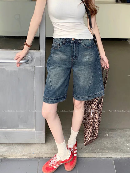PPHOME retro hot girl shorts denim shorts women's summer high waist loose straight wide leg mid-length pants casual pants