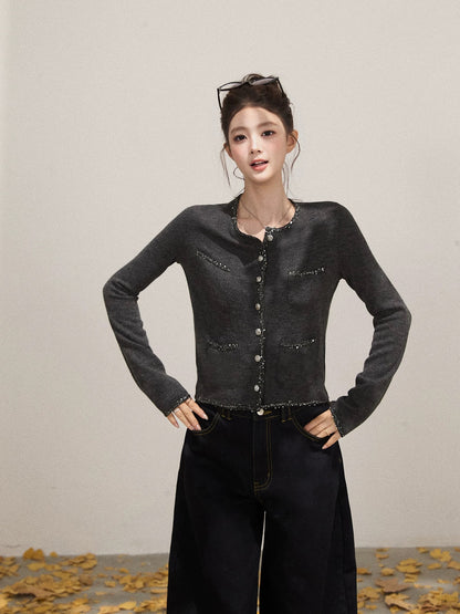 Xie Bu Rou French style fine flash patchwork interface pocket sequined sweater women's autumn Xiao Chanel style slim all-match cardigan top