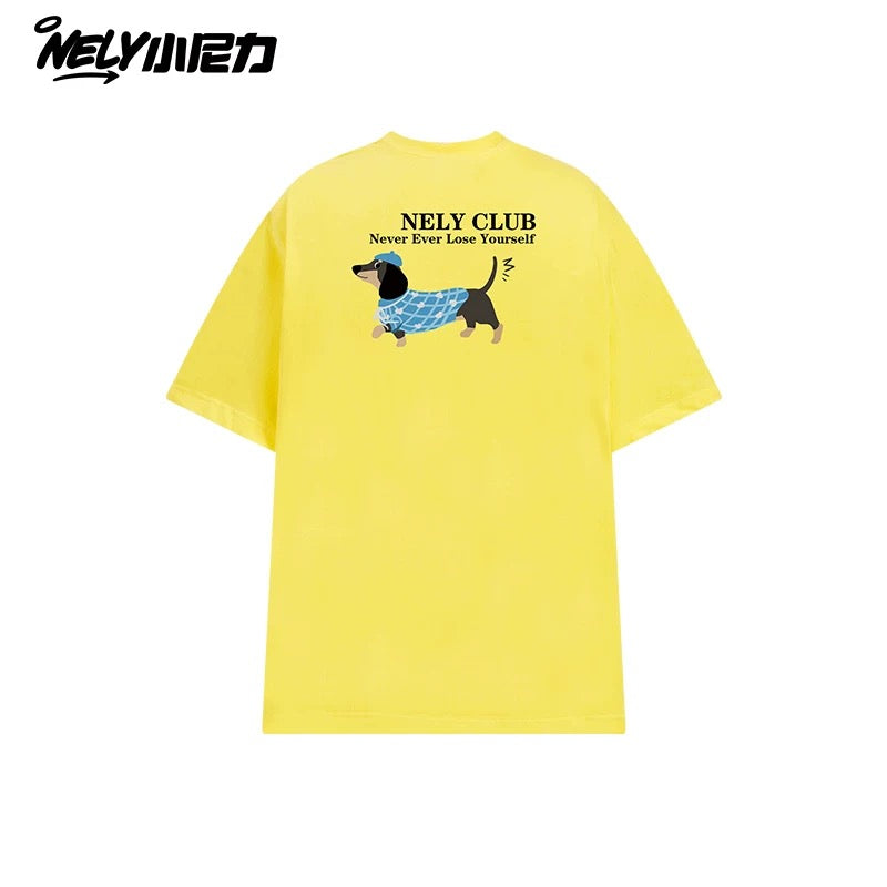 NELY Little Nelly Dachshund Printed White Short-sleeved T-shirt for Men and Women 2025 New Summer Loose Couple Tops