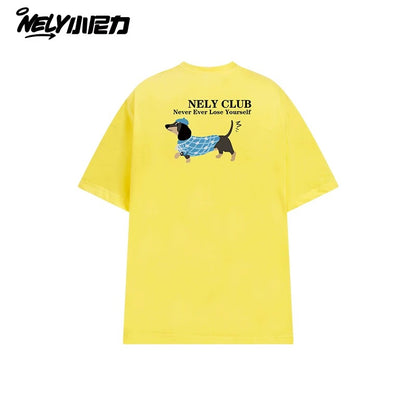 NELY Little Nelly Dachshund Printed White Short-sleeved T-shirt for Men and Women 2025 New Summer Loose Couple Tops