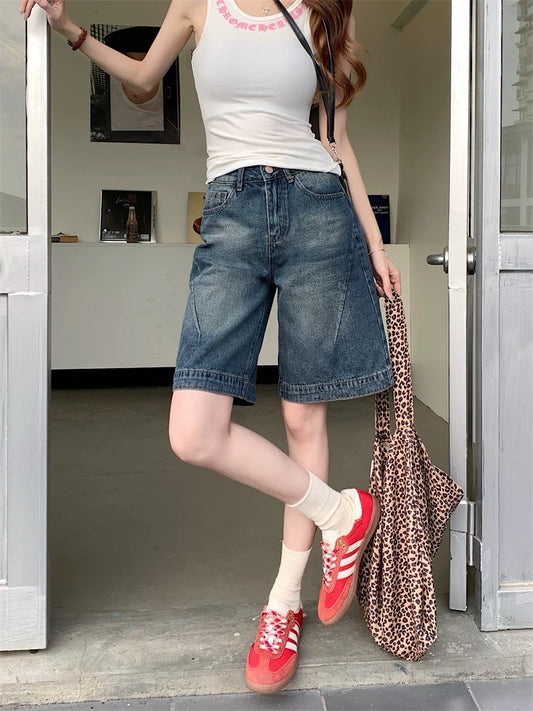 PPHOME retro hot girl shorts denim shorts women's summer high waist loose straight wide leg mid-length pants casual pants