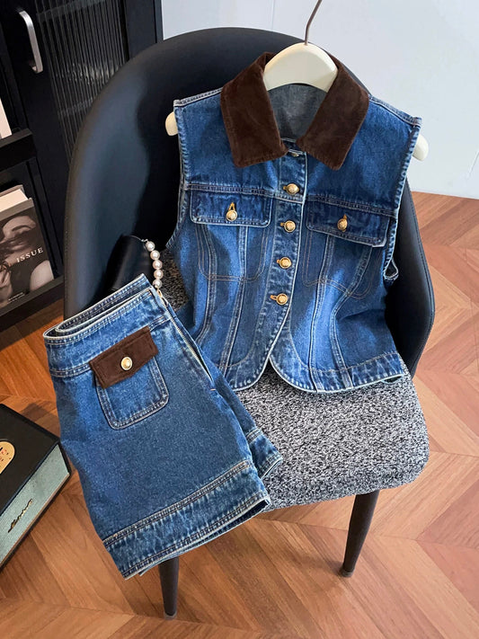 Shenzhen Nanyou High-End Women's Clothing 2026 Spring/Summer French Collar Denim Vest Top + Skirt Set