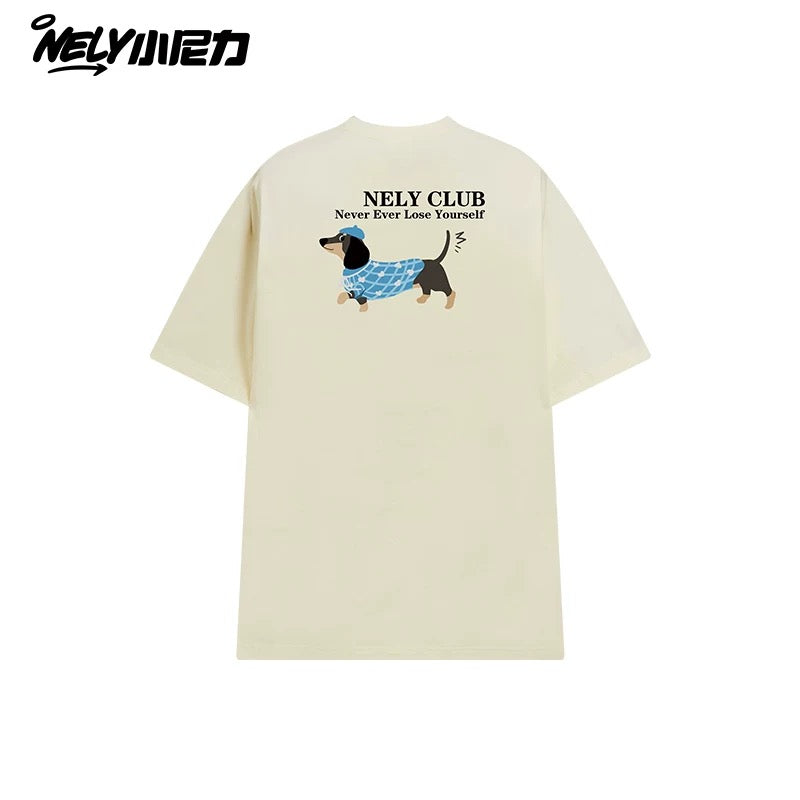 NELY Little Nelly Dachshund Printed White Short-sleeved T-shirt for Men and Women 2025 New Summer Loose Couple Tops