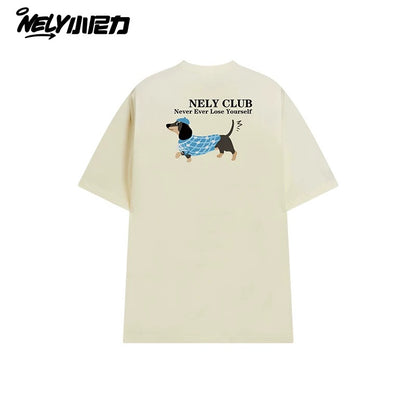 NELY Little Nelly Dachshund Printed White Short-sleeved T-shirt for Men and Women 2025 New Summer Loose Couple Tops