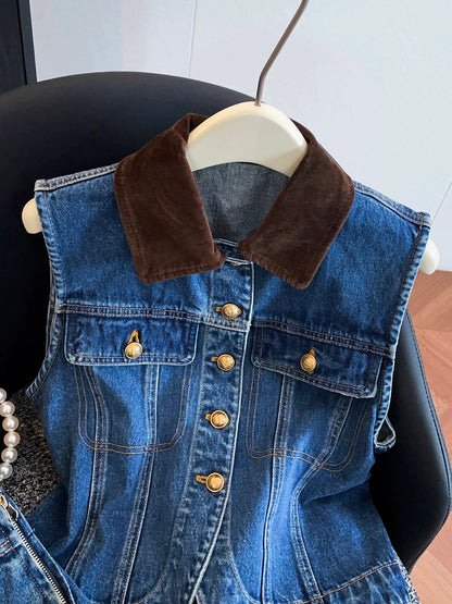 Shenzhen Nanyou High-End Women's Clothing 2026 Spring/Summer French Collar Denim Vest Top + Skirt Set