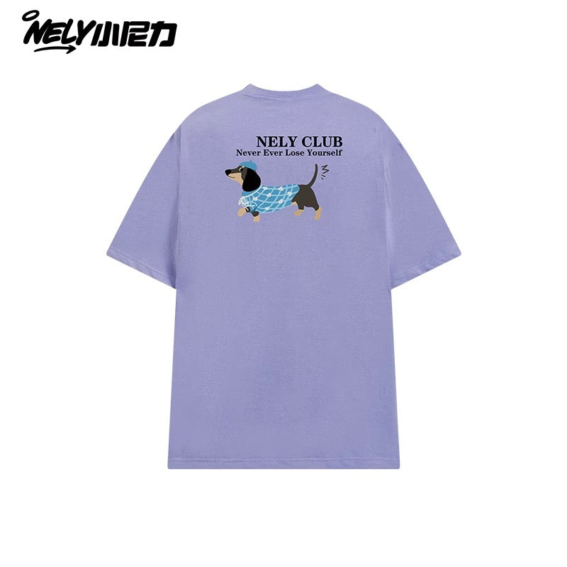 NELY Little Nelly Dachshund Printed White Short-sleeved T-shirt for Men and Women 2025 New Summer Loose Couple Tops