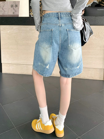 PPHOME retro washed ripped denim mid-length pants for women summer petite hottie high waist shorts wide-leg pants