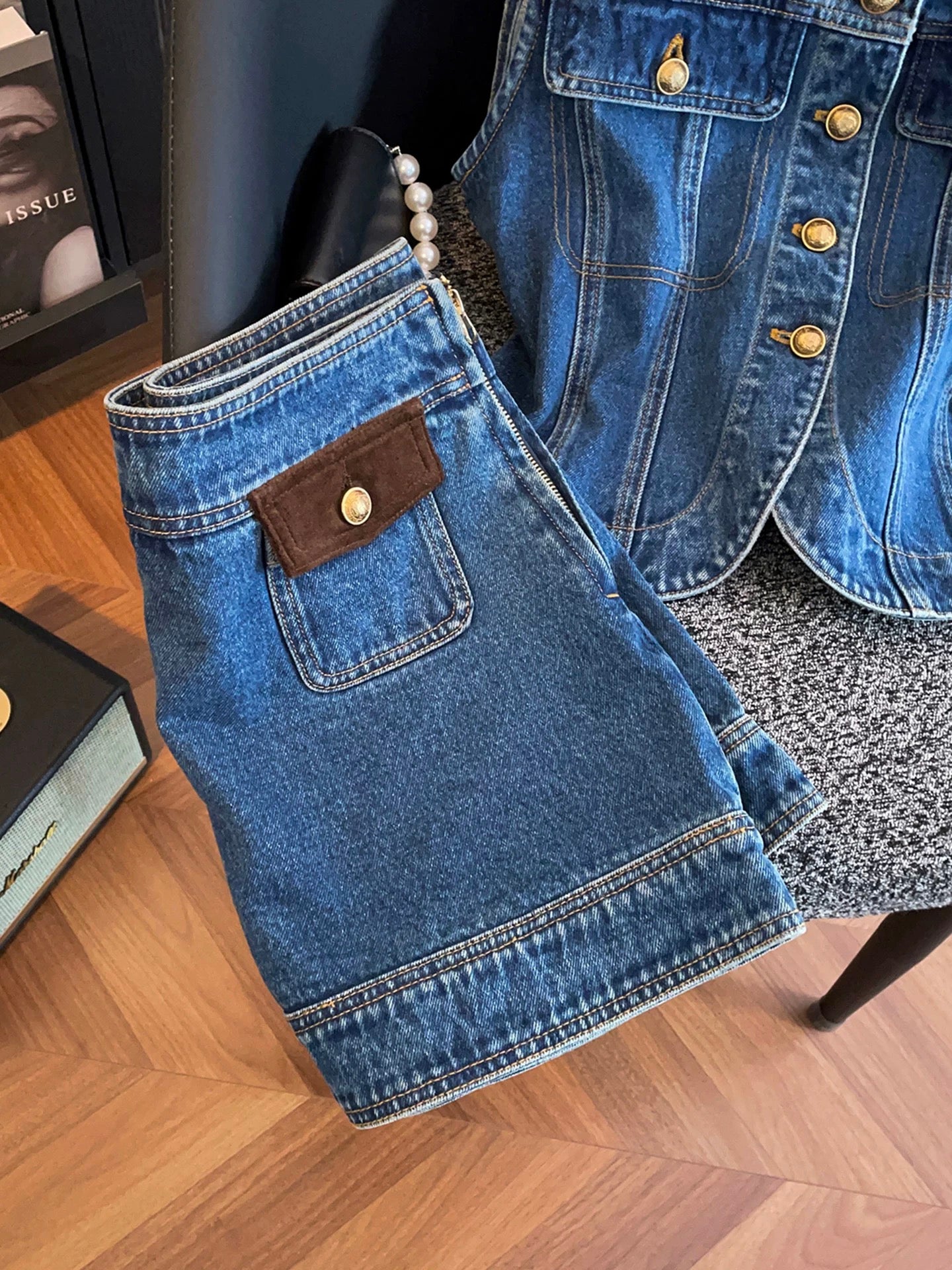 Shenzhen Nanyou High-End Women's Clothing 2026 Spring/Summer French Collar Denim Vest Top + Skirt Set