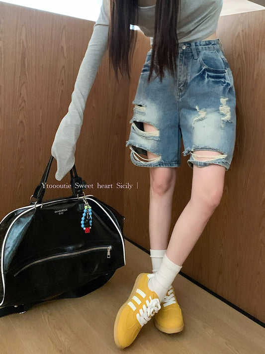 PPHOME retro washed ripped denim mid-length pants for women summer petite hottie high waist shorts wide-leg pants