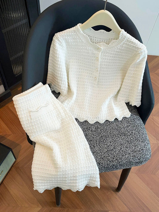 Shenzhen Nanyou High-End Women's Clothing 2026 Spring/Summer Chanel-Style Beaded Hollow-Out Knit T-Shirt + Skirt Set