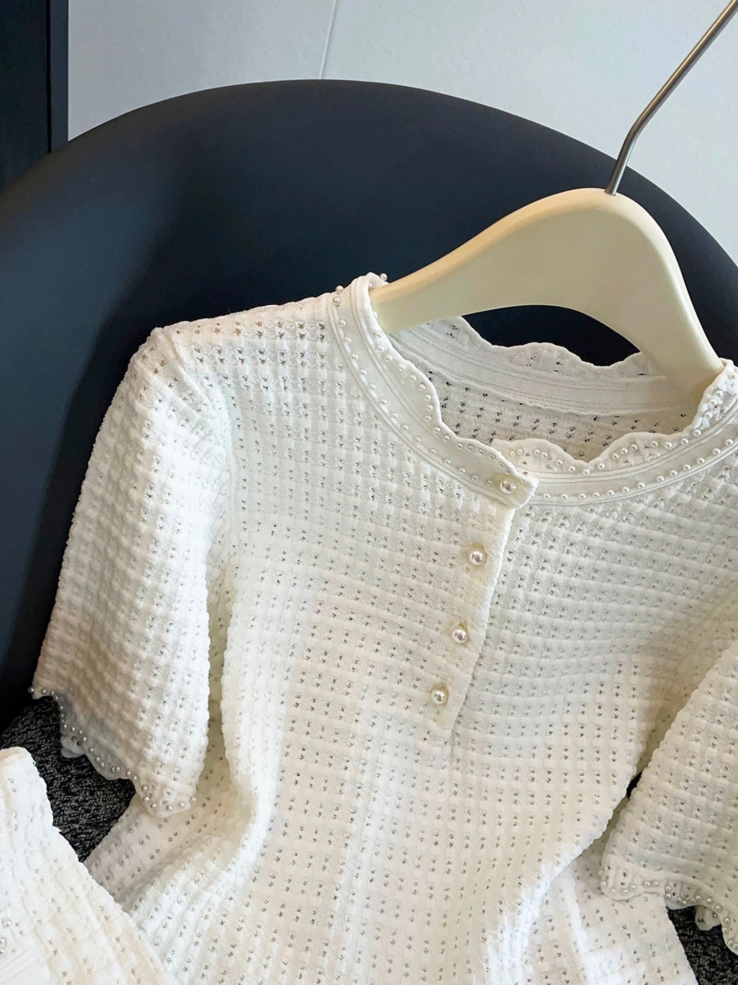 Shenzhen Nanyou High-End Women's Clothing 2026 Spring/Summer Chanel-Style Beaded Hollow-Out Knit T-Shirt + Skirt Set