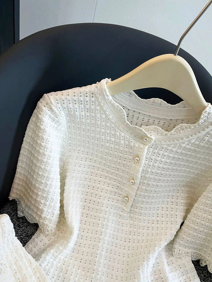 Shenzhen Nanyou High-End Women's Clothing 2026 Spring/Summer Chanel-Style Beaded Hollow-Out Knit T-Shirt + Skirt Set