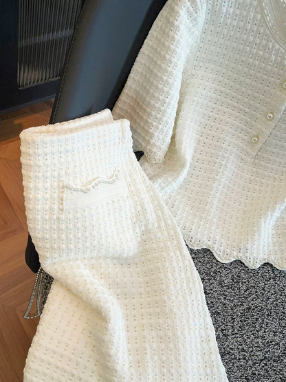 Shenzhen Nanyou High-End Women's Clothing 2026 Spring/Summer Chanel-Style Beaded Hollow-Out Knit T-Shirt + Skirt Set