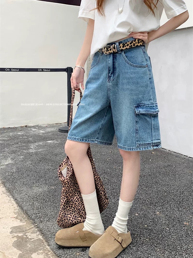 PPHOME retro washed large pocket workwear denim shorts women's summer high waist shorts wide leg pants shorts