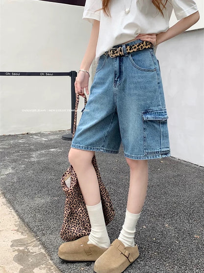 PPHOME retro washed large pocket workwear denim shorts women's summer high waist shorts wide leg pants shorts