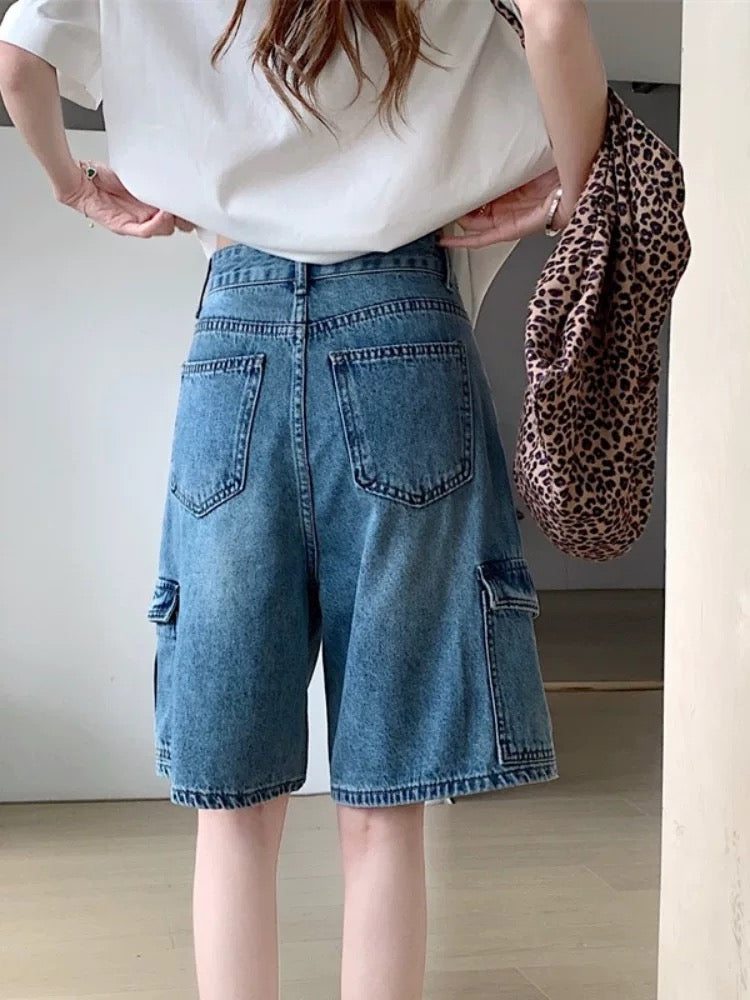 PPHOME retro washed large pocket workwear denim shorts women's summer high waist shorts wide leg pants shorts