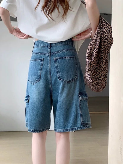 PPHOME retro washed large pocket workwear denim shorts women's summer high waist shorts wide leg pants shorts
