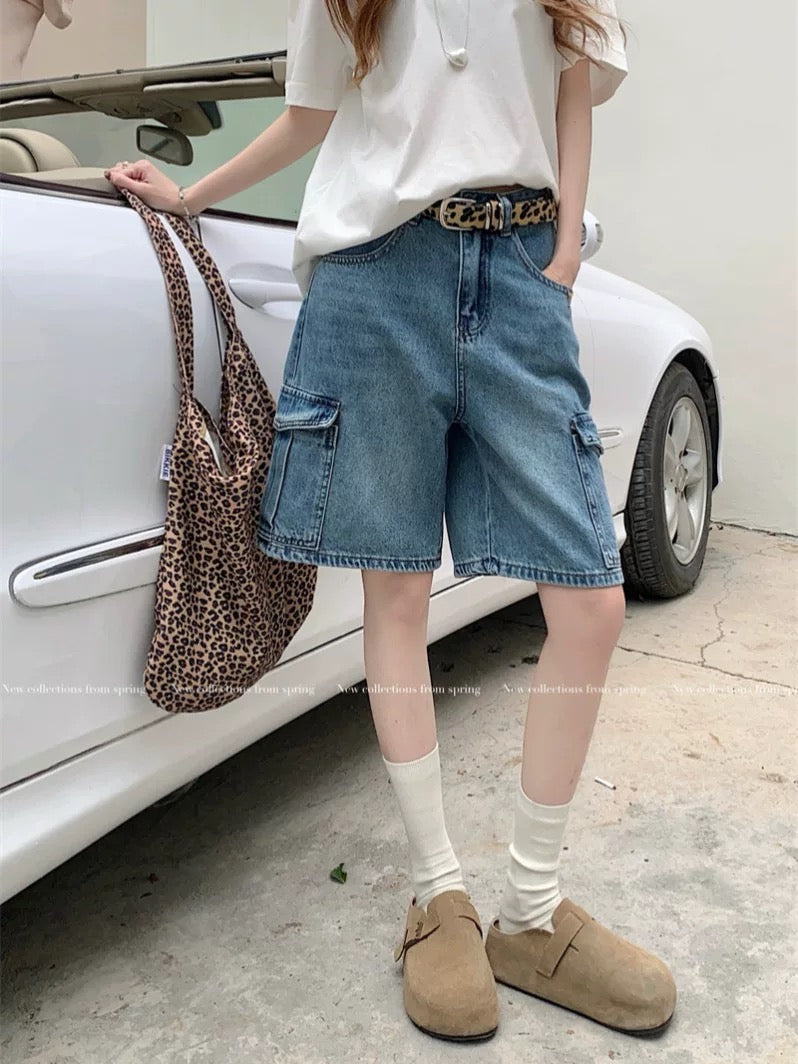 PPHOME retro washed large pocket workwear denim shorts women's summer high waist shorts wide leg pants shorts