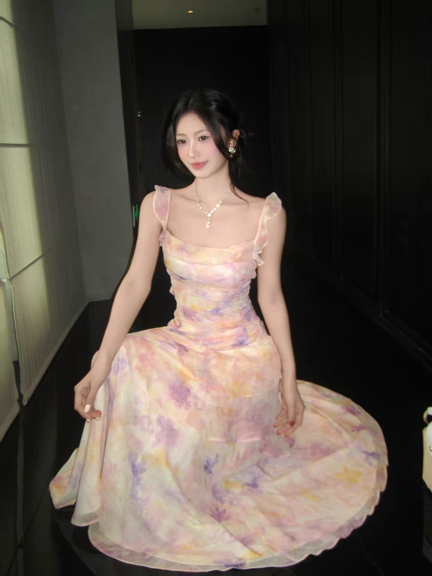 Good Job! 【Floral Banquet】French Pink Floral Print Sundress with Ruffled Ribbon - Fairy-like Long Dress
