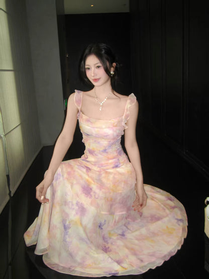 Good Job! 【Floral Banquet】French Pink Floral Print Sundress with Ruffled Ribbon - Fairy-like Long Dress