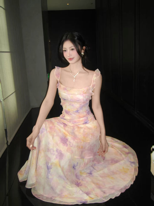 Good Job! 【Floral Banquet】French Pink Floral Print Sundress with Ruffled Ribbon - Fairy-like Long Dress