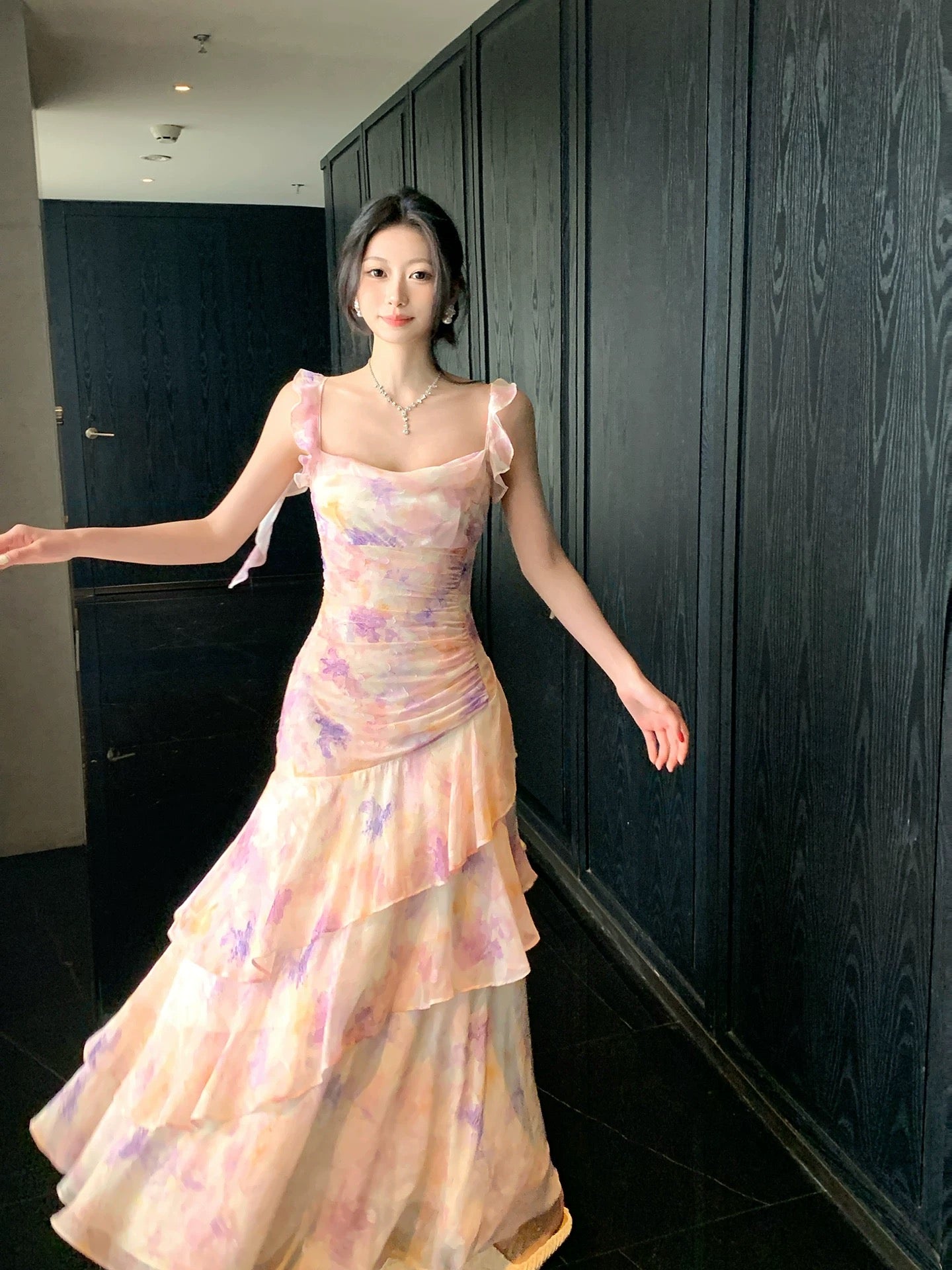 Good Job! 【Floral Banquet】French Pink Floral Print Sundress with Ruffled Ribbon - Fairy-like Long Dress