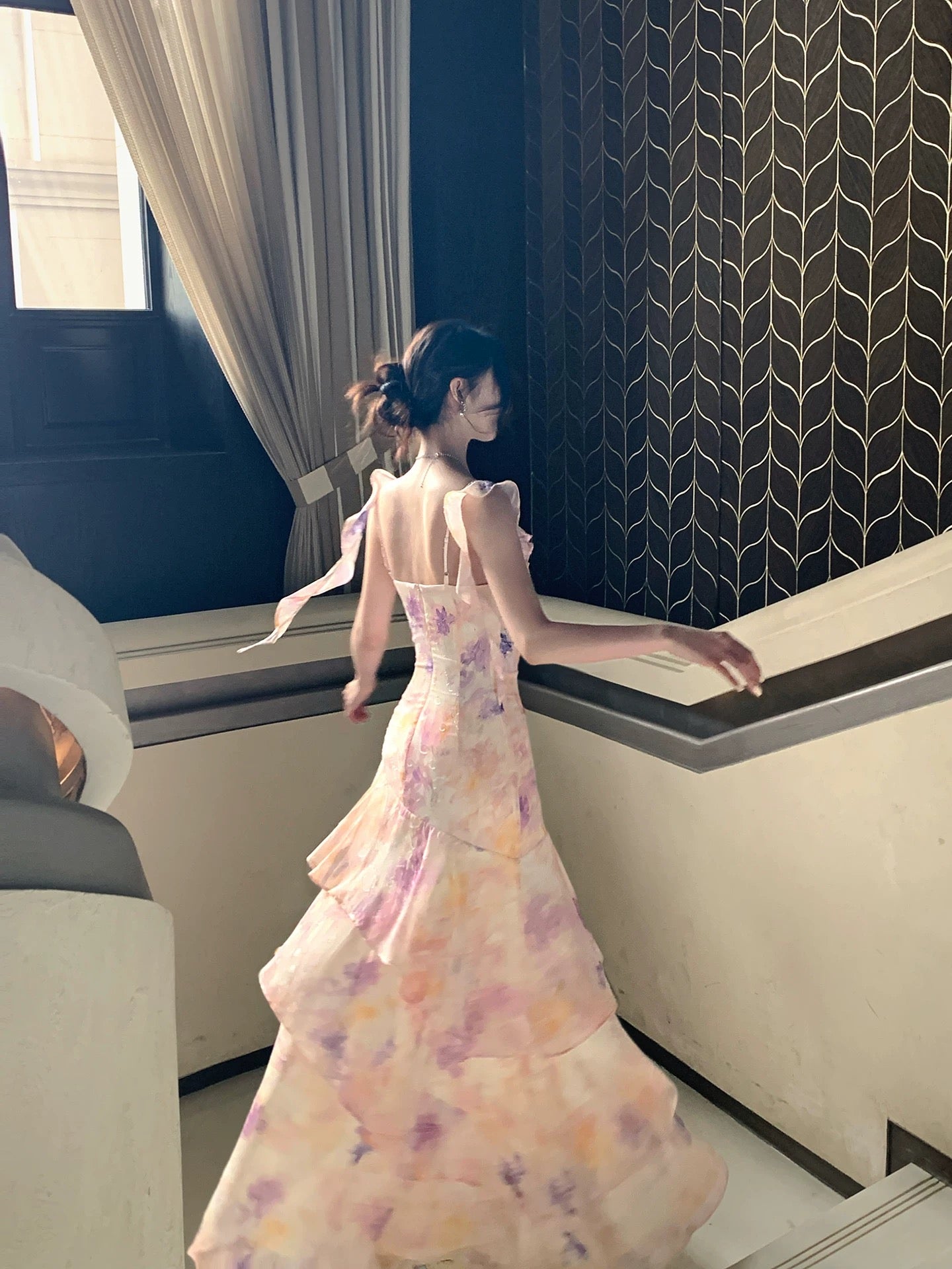 Good Job! 【Floral Banquet】French Pink Floral Print Sundress with Ruffled Ribbon - Fairy-like Long Dress