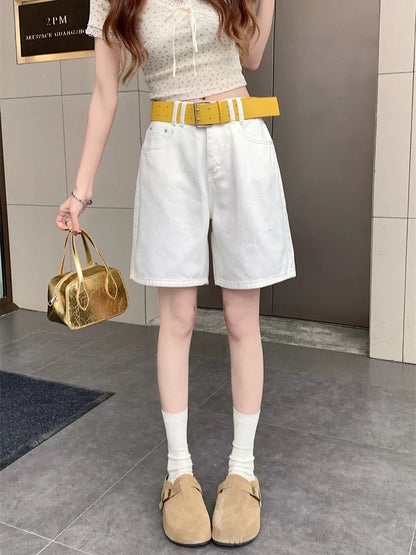 PPHOME white casual mid-length pants for women in summer retro washed wide-leg denim shorts high waist straight shorts