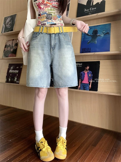 PPHOME white casual mid-length pants for women in summer retro washed wide-leg denim shorts high waist straight shorts