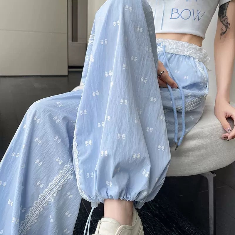 Blue lace wide-leg pants for women summer sweet bow print thin loose cuffs casual trousers
