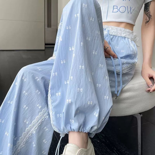Blue lace wide-leg pants for women summer sweet bow print thin loose cuffs casual trousers