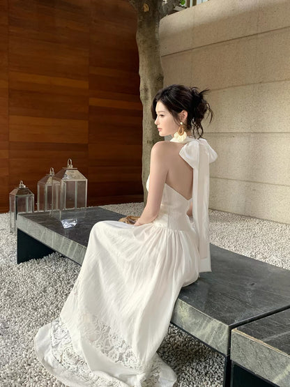 Good Job! 【Saint-Tropez】French Style White Halter Neck Sleeveless Dress with Lace Trim Vacation Maxi Dress