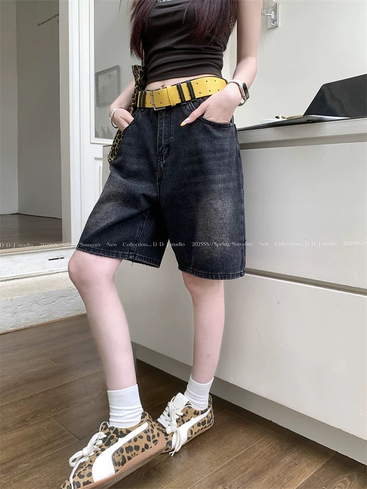 PPHOME white casual mid-length pants for women in summer retro washed wide-leg denim shorts high waist straight shorts