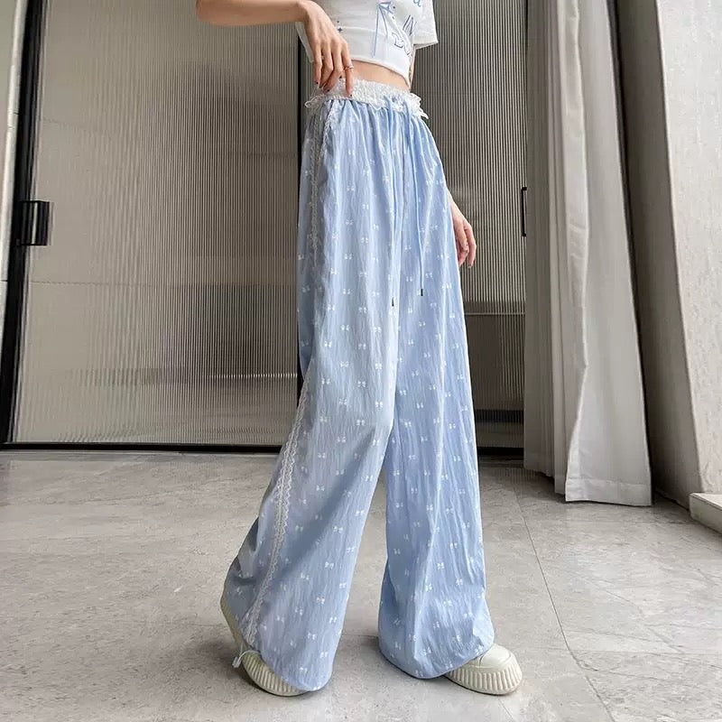 Blue lace wide-leg pants for women summer sweet bow print thin loose cuffs casual trousers