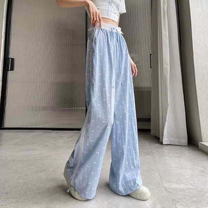 Blue lace wide-leg pants for women summer sweet bow print thin loose cuffs casual trousers