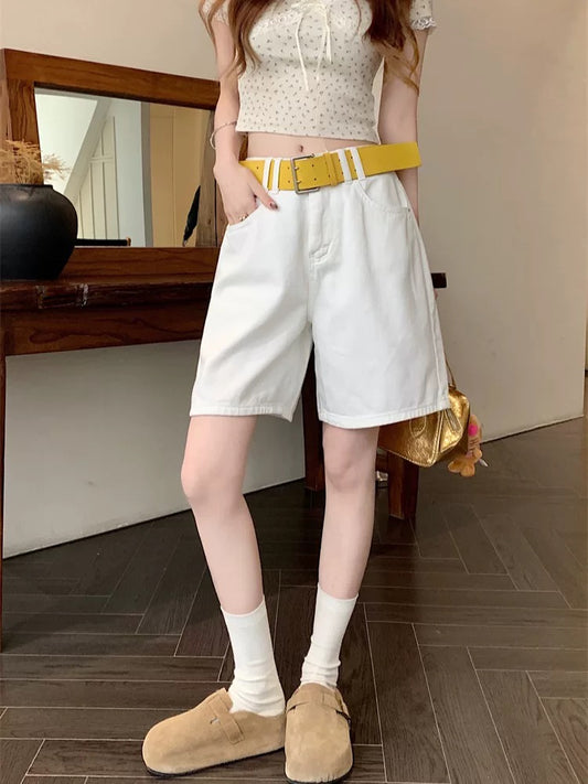 PPHOME white casual mid-length pants for women in summer retro washed wide-leg denim shorts high waist straight shorts