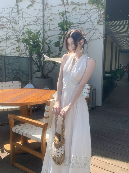 Good Job! 【Saint-Tropez】French Style White Halter Neck Sleeveless Dress with Lace Trim Vacation Maxi Dress