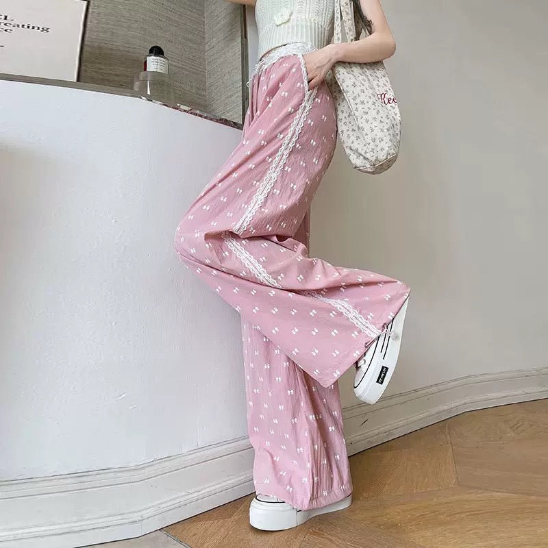 Blue lace wide-leg pants for women summer sweet bow print thin loose cuffs casual trousers