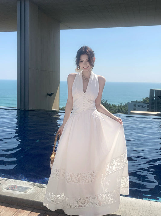 Good Job! 【Saint-Tropez】French Style White Halter Neck Sleeveless Dress with Lace Trim Vacation Maxi Dress
