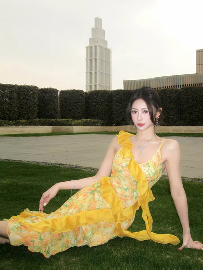 Good Job: 【Floral Stroll】French Yellow Floral Print Sundress, Women's Beach Vacation Mesh Maxi Dress