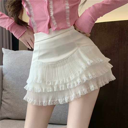 Pure desire lace lace ruffled a-line skirt petite white short skirt female summer 2025 pleated skirt