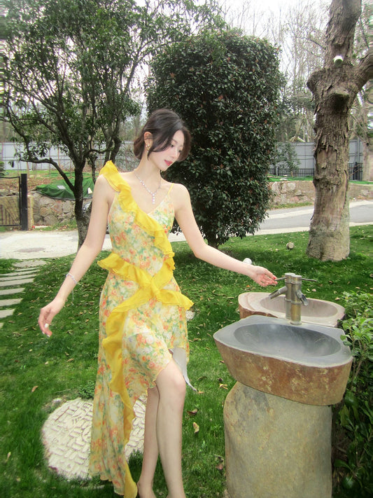 Good Job: 【Floral Stroll】French Yellow Floral Print Sundress, Women's Beach Vacation Mesh Maxi Dress