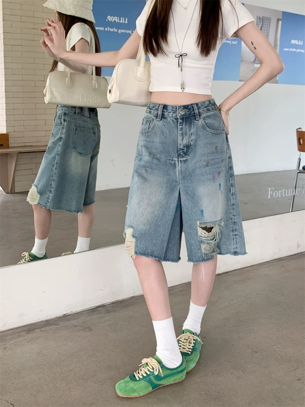 PPHOME American style ripped denim mid-length pants for women summer ins trend small high waist shorts wide leg pants shorts