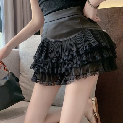 Pure desire lace lace ruffled a-line skirt petite white short skirt female summer 2025 pleated skirt