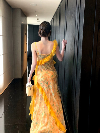 Good Job: 【Floral Stroll】French Yellow Floral Print Sundress, Women's Beach Vacation Mesh Maxi Dress