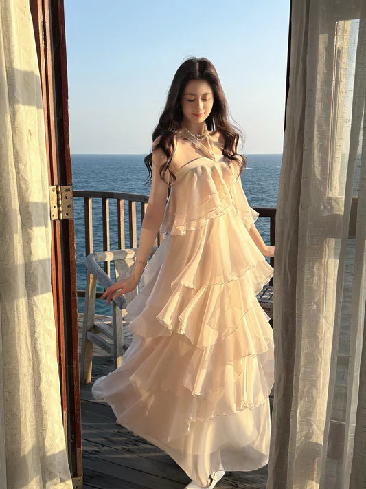 Good Job! 【Camellia Left Bank】French Heavy-Duty 3D Rose Sleeveless Halter Neck Dress with Irregular Long Skirt