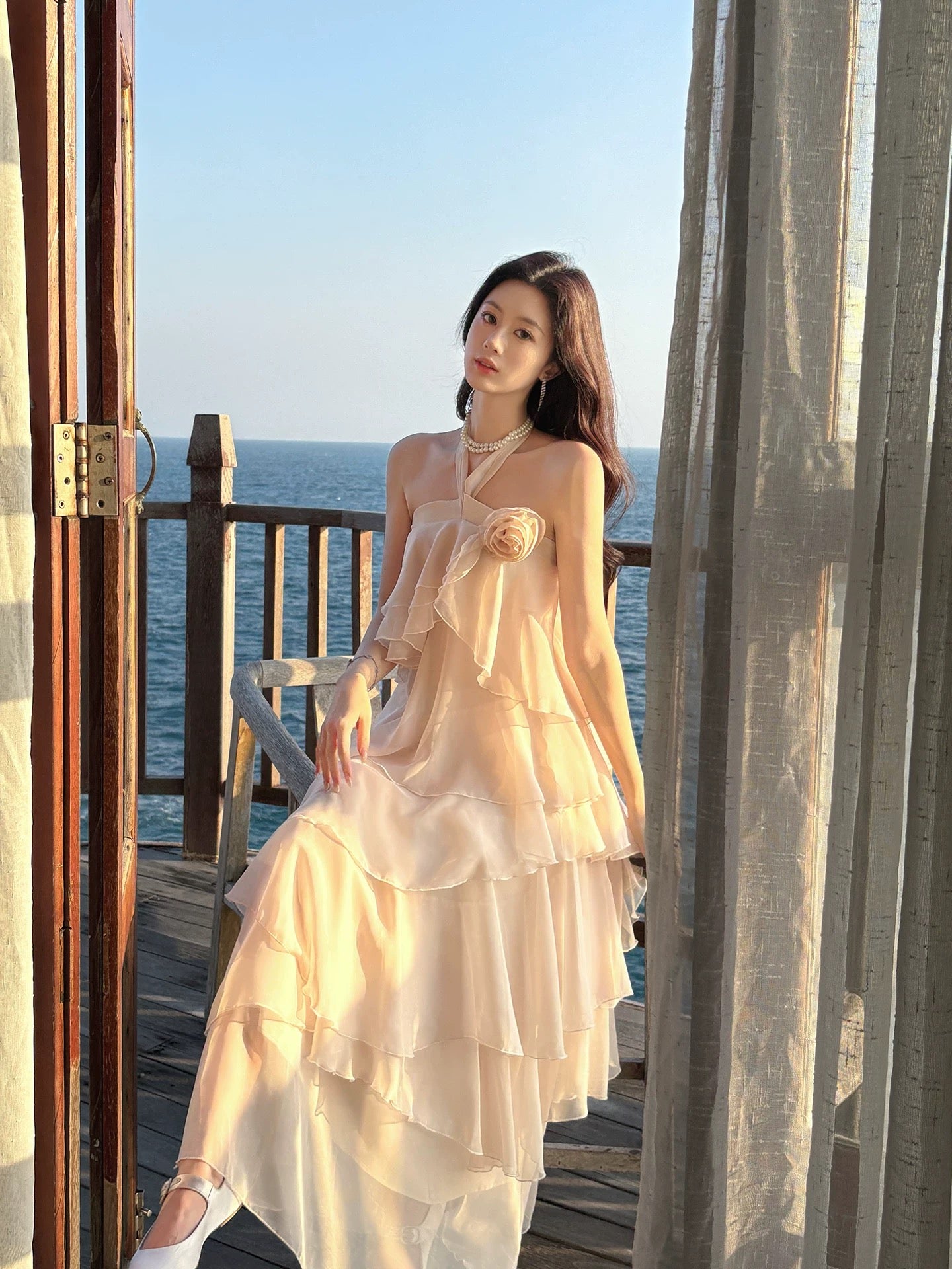 Good Job! 【Camellia Left Bank】French Heavy-Duty 3D Rose Sleeveless Halter Neck Dress with Irregular Long Skirt